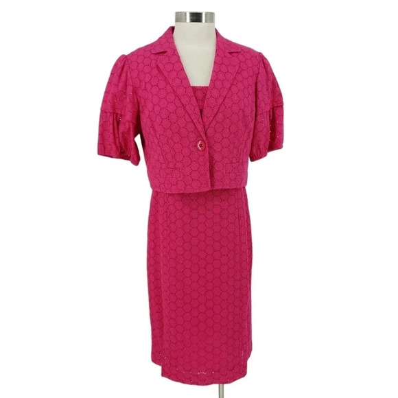 Nine West Suit Sheath Midi Dress Pink Floral Eyelet Short Sleeve Jacket - Picture 2 of 9